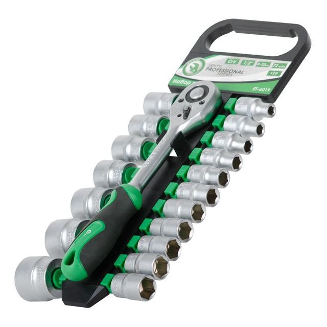 intertool-et-6019-photo-1 Набор торцевых головок с трещоточной рукояткой 1/2″, Cr-V, 19 ед., INTERTOOL ET-6019
