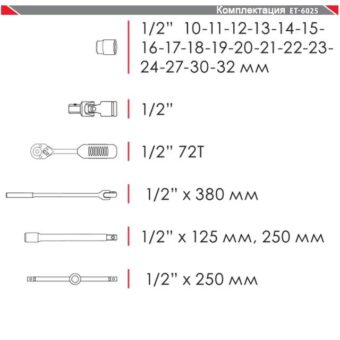 Профессиональный набор инструмента 1/2", 25 ед (головки 10-32 мм) INTERTOOL ET-6025 Профессиональный набор инструмента 1/2", 25 ед (головки 10-32 мм) INTERTOOL ET-6025
