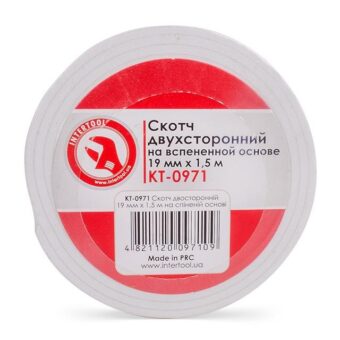 Скотч двухсторонний 19 мм*1.5 м на вспененной основе INTERTOOL KT-0971 Скотч двухсторонний 19 мм*1.5 м на вспененной основе INTERTOOL KT-0971