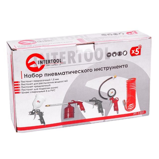 Набор покрасочный пневматический 5 ед., шланг спиральный PVC INTERTOOL PT-1501 Набор покрасочный пневматический 5 ед., шланг спиральный PVC INTERTOOL PT-1501