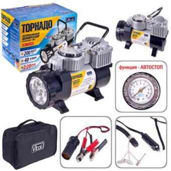 Компрессор автомобильный "Торнадо" КА-Т12220 150psi/15Amp/40л/прикур.+переходник/фонарь/Автостоп Компрессор автомобильный "Торнадо" КА-Т12220 150psi/15Amp/40л/прикур.+переходник/фонарь/Автостоп