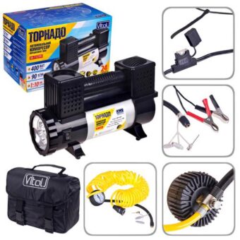 Компрессор автомобильный "Торнадо" КА-Т12191 150psi/28Amp/90л/клеммы/фонарь/шланг 7,5м с дефлятором/2 цилиндра Компрессор автомобильный "Торнадо" КА-Т12191 150psi/28Amp/90л/клеммы/фонарь/шланг 7,5м с дефлятором/2 цилиндра