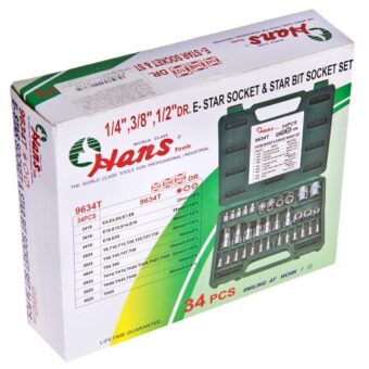 Набор торцевых головок HANS 1/2", 3/8",1/4" внутренний и наружный ТОRX под звездочку 34 предметов (9634 т)