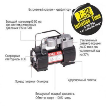 Компрессор автомобильный "VOIN" VL-550 150psi/15A/40л/прикур./дефлятор/переходник на клеммы Компрессор автомобильный "VOIN" VL-550 150psi/15A/40л/прикур./дефлятор/переходник на клеммы