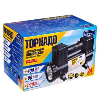 Компрессор автомобильный "Торнадо" КА-Т12191 150psi/28Amp/90л/клеммы/фонарь/шланг 7,5м с дефлятором/2 цилиндра Компрессор автомобильный "Торнадо" КА-Т12191 150psi/28Amp/90л/клеммы/фонарь/шланг 7,5м с дефлятором/2 цилиндра