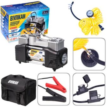 Компрессор автомобильный "Вулкан" КА-В12122 150psi/25Amp/90л/клеммы/шланг 7,5м с дефлятором/фонарь/2 цилиндра Компрессор автомобильный "Вулкан" КА-В12122 150psi/25Amp/90л/клеммы/шланг 7,5м с дефлятором/фонарь/2 цилиндра