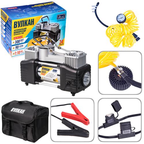 Компрессор автомобильный "Вулкан" КА-В12122 150psi/25Amp/90л/клеммы/шланг 7,5м с дефлятором/фонарь/2 цилиндра Компрессор автомобильный "Вулкан" КА-В12122 150psi/25Amp/90л/клеммы/шланг 7,5м с дефлятором/фонарь/2 цилиндра