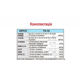 Набор торцевых головок HANS 1/2" 8-32 мм и комбинированных ключей 42 ед. (TK-42) Набор торцевых головок HANS 1/2" 8-32 мм и комбинированных ключей 42 ед. (TK-42)
