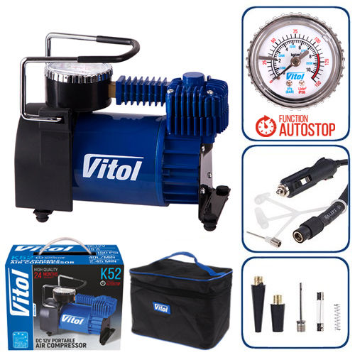 Компрессор автомобильный "ViTOL" К-52 150psi/15Amp/40л/Автостоп/прикуриватель Компрессор автомобильный "ViTOL" К-52 150psi/15Amp/40л/Автостоп/прикуриватель