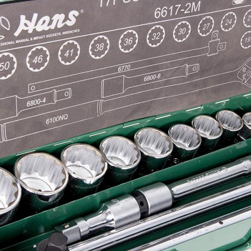Набор торцевых головок HANS 3/4" 19-50мм,12-гранный,17 ед.(6617-2M 12PT) Набор торцевых головок HANS 3/4" 19-50мм,12-гранный,17 ед.(6617-2M 12PT)