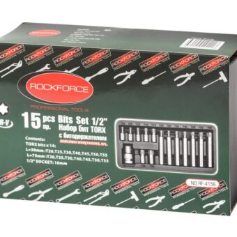 Набор бит TORX с битодержателем, 15 предметов 1/2" (L: 30/75 мм; Т20, Т25 ,Т30, Т40, Т45, Т50, Т55), в металлическом кейсе ROCKFORCE RF-4156