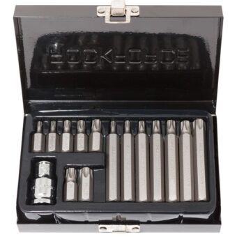 Набор бит TORX с битодержателем, 15 предметов 1/2" (L: 30/75 мм; Т20, Т25 ,Т30, Т40, Т45, Т50, Т55), в металлическом кейсе ROCKFORCE RF-4156